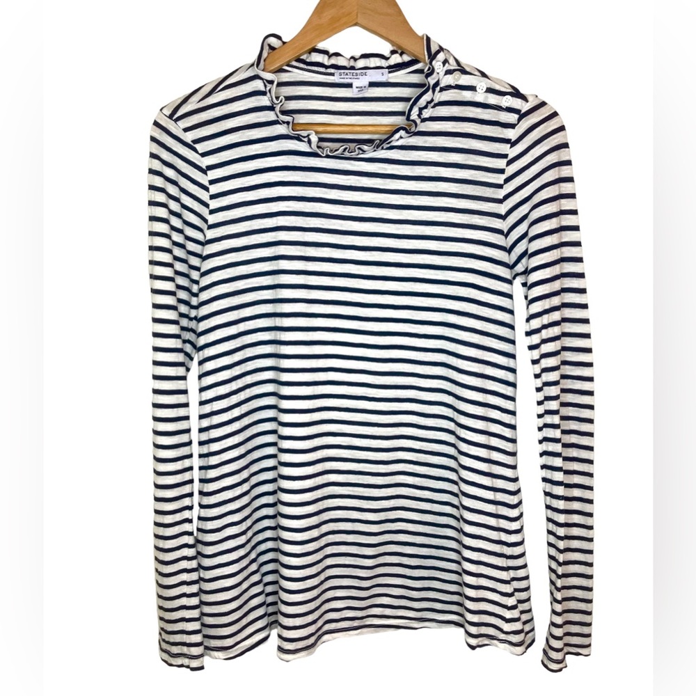 Stateside navy blue & white stripe long sleeve tee w/ ruffle collar, women’s S